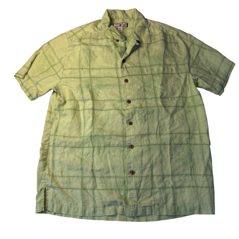 Caribbean Joe Shirt Green Plaid Linen Short Sleeve Button Up Palm Tropical Men L